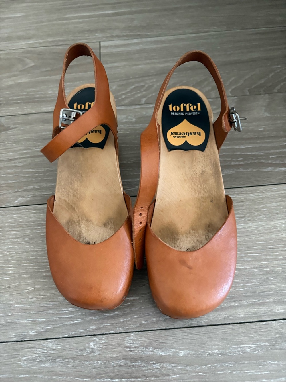 Swedish Hasbeens Toffel Cognac Leather Wood Clogs Slingback Sandals EU 36